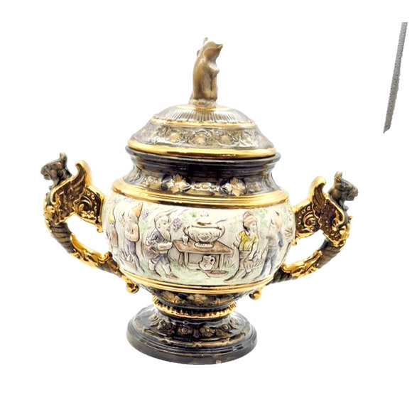 Vintage German Rumtopf Tureen & Lid Gnome & Dragon Handles Motif Large 15" Tall - Picture 3 of 14